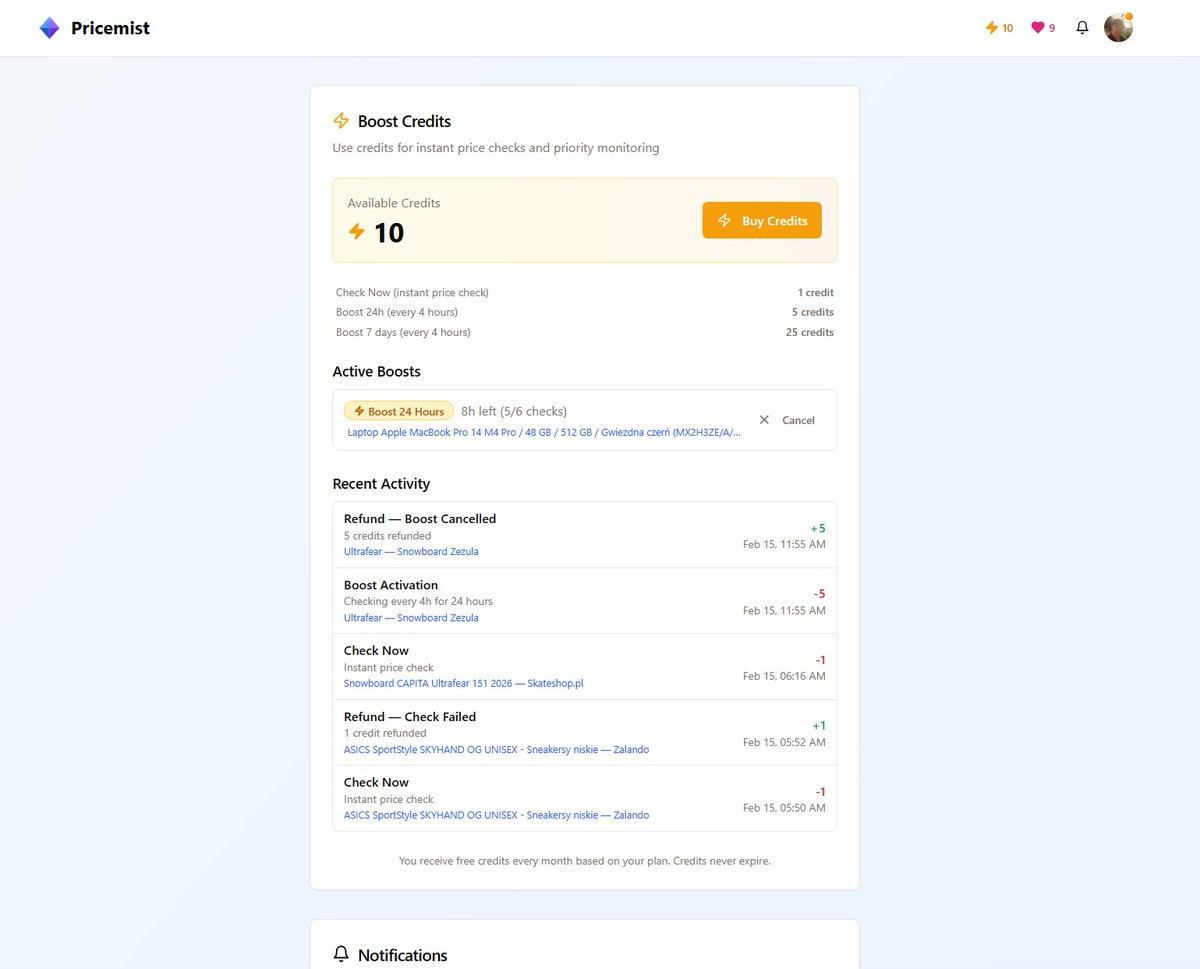 jacek2089's tweet photo. Update 2 building @pricemist_com - a better way to buy expensive things.

💰 System Credits & Price Check Boosts
I introduced an in-app currency linked with Paddle - Credits. They unlock two key features for users:
Boost 24h/7d - activates intensive monitoring (checks every few hours), perfect for holiday sales, Black Friday, etc.

Check Now - instantly refreshes the product price on demand.

Every new user gets free credits at sign-up and a monthly refill. This drives "aha moments", showcases premium value, and primes them for future in-app purchases. Crucial detail: If a boost fails to find a price (e.g., the store is down), the credit is automatically refunded. You pay for results, not attempts.

🧠 Product Deduplication (Canonical Products)
The second major breakthrough this week. If 50 people track the same iPhone on Amazon, the system doesn't check it 50 times - it checks once and updates everyone.
The result? New users instantly see a rich price history (even from before they joined), and existing users see aligned price points and drop alerts. History is never lost - even if you delete a product and re-add it a week later, your full price chart is right there.

⚡ Stability & Scaling
I redesigned how the system fetches user prices. Instead of hammering the servers all at once on the hour (which caused major bottlenecks), I now spread checks evenly throughout the day to optimize our scheduled "price check budget."
For the user: Spaced-out alerts mean less attention fatigue and fewer clustered notifications that usually scare people away from clicking.

For the system: Worker tasks are distributed smoothly over time, ensuring high stability and minimizing block risks.

I also added a multi-level fallback system - if a simple fetch fails, it automatically scales up to more advanced methods. In practice, this means a significantly higher price-scraping success rate.

🎨 UX & Visuals
The Return of Charts: Switched back to shadcn/ui Chart.js (moving away from TradingView). They are now fully interactive with zoom and pan, and finally look great on mobile.

Better Emails: Price drop alerts now include the store name in the subject line ("Price Drop at Amazon: ..."). Sounds like a tiny detail, but it instantly boosts open rates. This was a highly requested feature delivered straight to my most important user (my wife 😂).

👨🏻‍🔬What did I learn?
Data sharing and cost optimization are key to scaling. The highest cost in this type of app is data extraction. When you build a system where one scrape serves multiple users, every new user brings value to the rest. Sadly, I caught a few edge cases only after pushing to prod and found myself hotfixing the production database at 3 AM. I missed this on dev/staging - clearly, I didn't grill Claude enough for code reviews and edge cases before deploying such a risky architectural shift.

Pacing builds stability. Spreading out cyclical worker tasks (pacing) is infinitely healthier for the system than a massive bulk check on the hour. The system runs smoother, and the logs are pristine.

Payment webhooks need a 2-3 second delay before refreshing the user-facing UI, so they can see their credits/active premium tier without manual reloading or anxiety. I might be missing a better way to handle webhooks in Django. Let me know in the comments how you approach this!

"Building feels in control. Marketing feels like asking to be chosen."