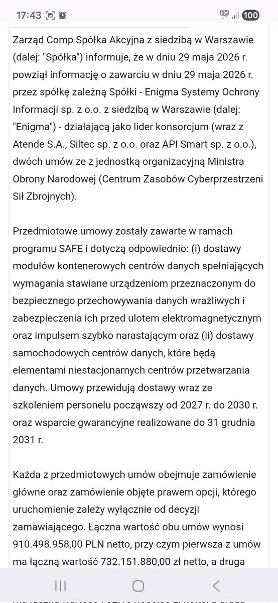 valueseekerPL's tweet photo. #Atende #safe
Spółka Comp opublikowała ESPI o wygraniu 2 przetargów na łączną kwotę max. 910 mln zł, jej przypadnie min. 63% tej kwoty, ale startowała jako lider konsorcjum a w składzie konsorcjum jest m. In. Atende
Czekam na ESPI od Atende i otwarcie kursu w poniedziałek. Kurs kilkanaście procent niżej niż 2 miesiące temu, obecnie na poziomie po jakim kupował insider
Dziś mamy kolejny trigger dla kursu (tym razem znacznie mocniejszy) po wczorajszym info o IPO spółki zależnej Phoenix System