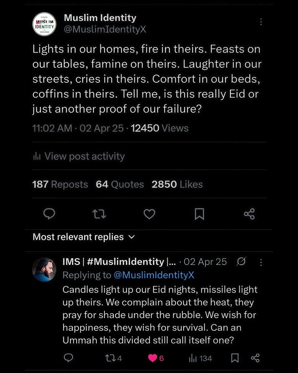 MuslimIdentityX's tweet photo. Our biggest worries vs theirs,

Theirs: From finding the bodies of their children to Ours: Clothes &amp; Shoes. Candles light up in our Eid nights, Missiles light up theirs. Our Eid begins with laughter, theirs with another mass grave.

If this is unity, what does betrayal look like? https://t.co/Bye3utecpF