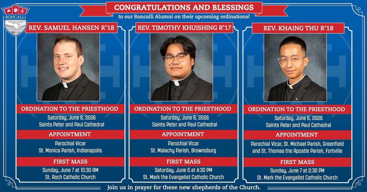 roncallihigh's tweet photo. God bless our Roncalli graduates getting ordained next weekend! Please keep them, their families and their parishes in your prayers. https://t.co/svQRl03nDg
