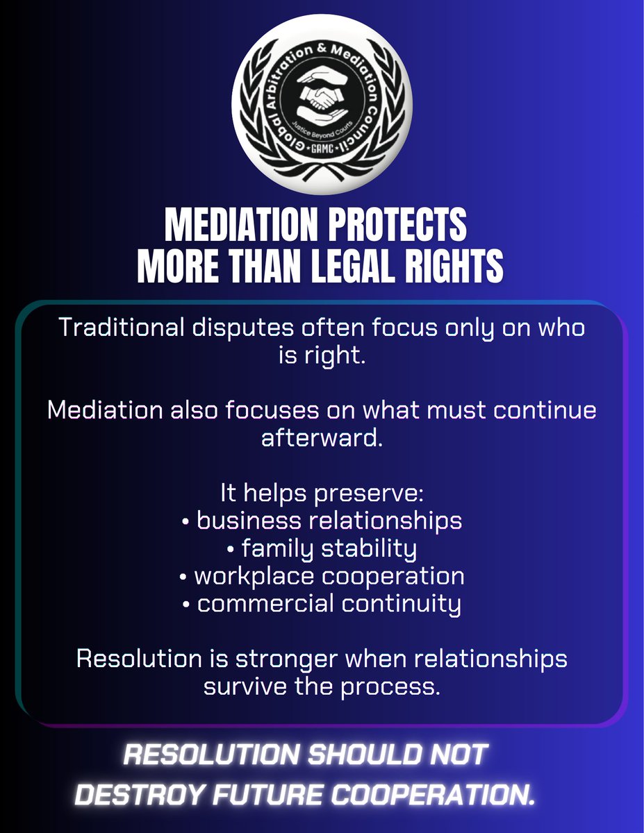 gamcadr's tweet photo. Mediation looks beyond the dispute itself.
It focuses not only on who is right, but on what must continue afterward.
Effective mediation helps preserve: • relationships • trust • cooperation • commercial continuity
#Mediation #ADR https://t.co/TpVmTA2xaW