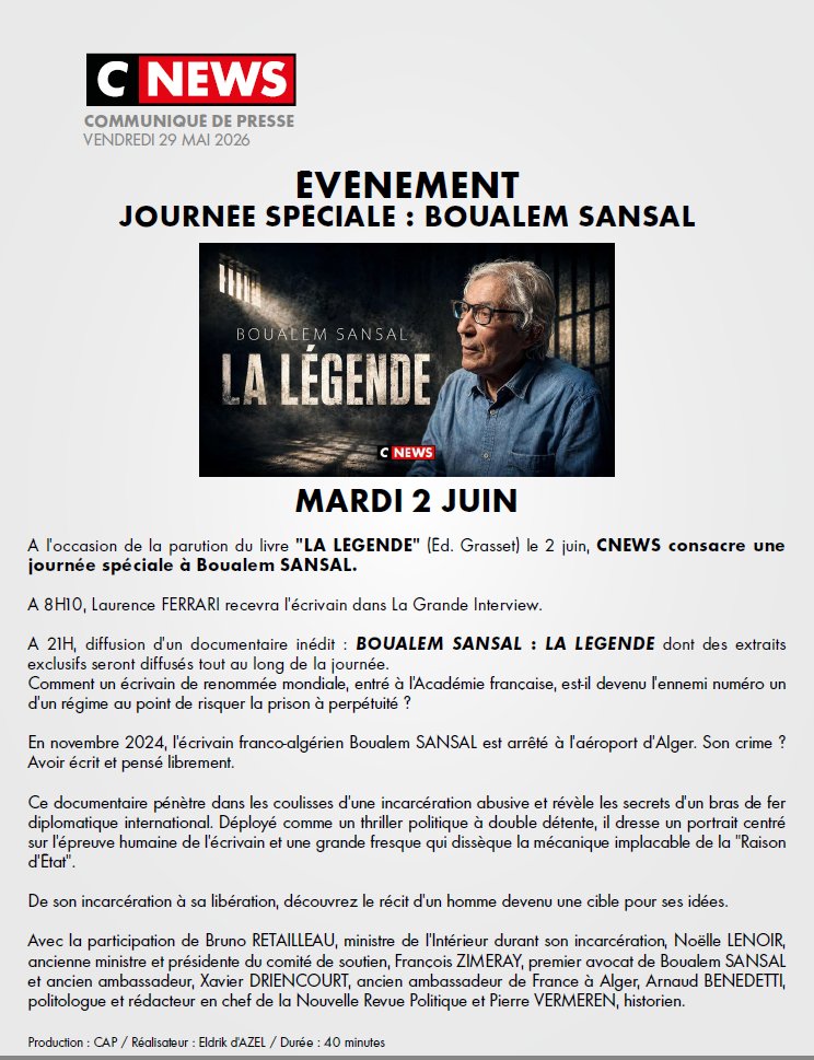 CNEWSLesOFF's tweet photo. 🚨𝐄́𝐕𝐄́𝐍𝐄𝐌𝐄𝐍𝐓 𝐒𝐔𝐑 @CNEWS

🗓️ Ce mardi 2 juin

✅ À l'occasion de la sortie du livre de l'écrivain Boualem SANSAL #CNEWS vous propose une journée spéciale

⤵ ⤵ ⤵ https://t.co/reg8sNteVy