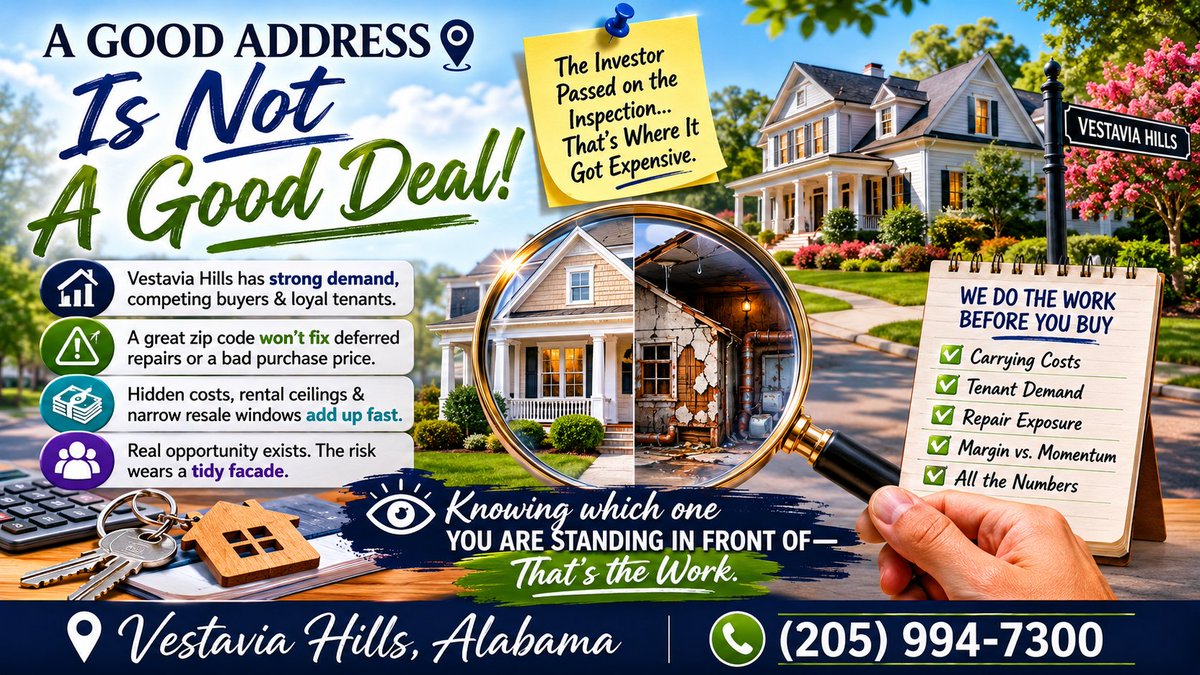 LASCompanies's tweet photo. The deal looked like money. Good street. Solid structure. Motivated seller. A Vestavia Hills address that practically marketed itself before the lockbox opened. 🔑

🙈 The investor passed on the inspection.

That is where it got expensive. 💸

Investment properties in Vestavia Hills carry real weight in the Birmingham metro. The demand is legitimate. The resale history is strong. Buyers compete for the right product, and tenants do not leave quietly when they find a home worth keeping. 🏘️

That is the part investors rush past when the address sounds safe.

A desirable zip code will not absorb a bad purchase price. A strong neighborhood will not rescue deferred maintenance missed on a fast walk-through. Vestavia Hills has entry points that make sense and price points that will quietly punish the investor who confused a good address with a good deal — repair exposure tucked behind fresh paint, a rental ceiling the market enforces whether the investor knew about it or not, a resale window that narrows fast when the numbers never actually worked. 🪤

📋 LAS Companies of KW Hoover works through all of it before a client is holding a deed that cost more than it will ever return. Carrying costs. Tenant demand. Repair exposure. Margin versus momentum. Every number on the table before the address takes over the room.

Vestavia Hills has real opportunity. The risk wears a tidy facade. 🧊

👁️ Knowing which one you are standing in front of — that is the work.

📞 (205) 994-7300

#InvestmentPropertiesVestaviaHills #LASCompanies #LASRealEstate