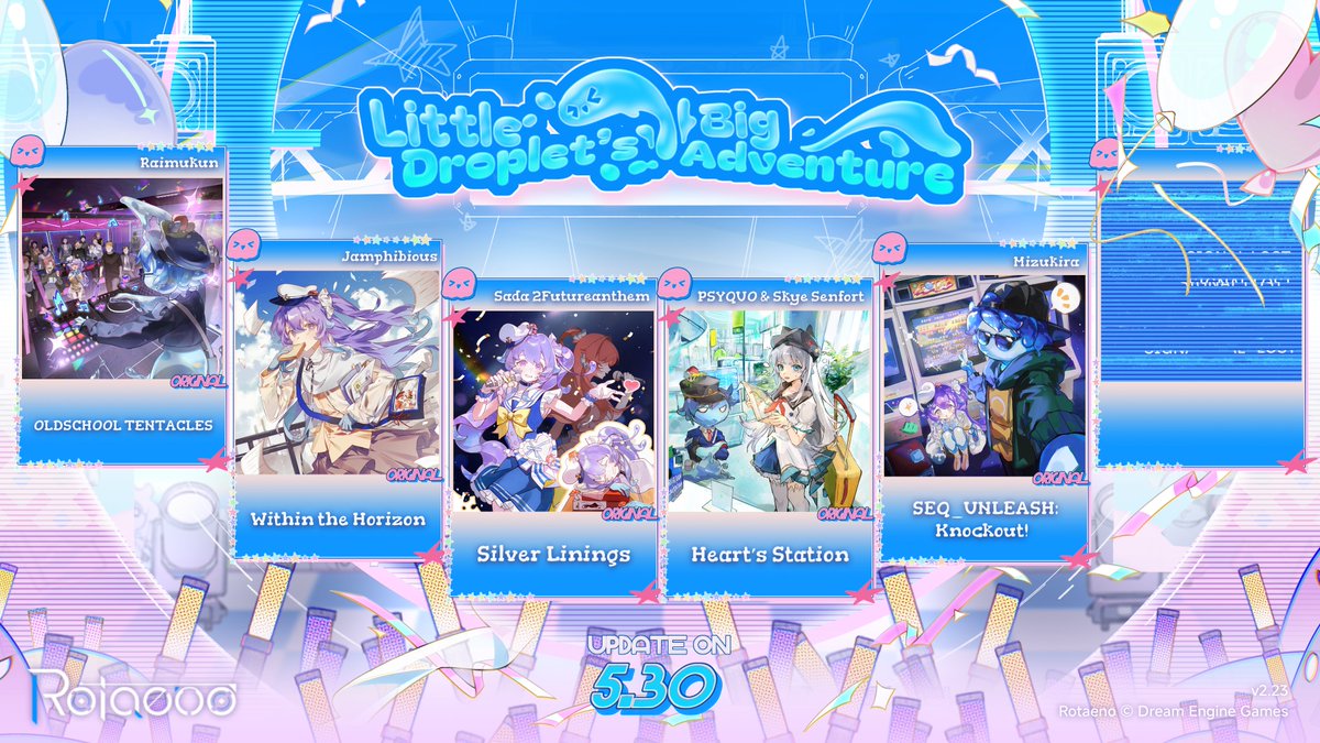 DreamEngineGame's tweet photo. [Rotaeno 4th Anniversary - Update Announcement]
Dear Pilots, the V2.23 4th Anniversary Update is officially live!

= New Content =
🎉 The side story "Little Droplet’s Big Adventure" is now available!
🎉 The new major event "Star Voyage" has officially begun! The Star Voyage S0 Song Pack "ROCK (Y)OUR WORLD" and the S0 Data Store are now open!
🎉 The smash-hit track "粛聖!! ロリ神レクイエム☆" is FREE to claim for a limited time!
🎉 The base game is FREE to download on both platforms for a limited time!
🎉 2 brand-new tracks from the Star Voyage S0 Song Pack "ROCK (Y)OUR WORLD" are now available to unlock.
🎉 The version limited-time event is live! Participate now to earn S0 Voyage Levels, the new pilot "Julie", exclusive avatars, and tons of other rewards!
🎉 The brand-new Anniversary special pilot "Cheri -Scarlet Hood-" has arrived in style!
🎉 The selection of songs that drop Time Shards has been expanded!
🎉 The brand-new "Completion" System feature is now available!
🎉 The 4th Anniversary "Stellar Gems Login Campaign" is now underway!
🎉 Massive discounts on all song packs. Up to 50% off!

Plenty of other songs and events are waiting for you in-game. Invite your friends and let's celebrate together!
Please update your game to the latest version to experience all the fresh new content!