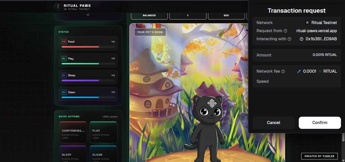Sabiboy___'s tweet photo. it was nice trying the updated Ritual Paws on @ritualnet 

interacted with my on-chain pet;
fed it, played it, cleaned it up, let it rest, every action get recorded on-chain, each action costs 0.0015 RITUAL 

the UI looks really clean, the background music vibe is appealing, you also get to chat directly using text with your pet 

built by @Neitenoz26 

try it here: try it : https://t.co/kgW37ehyMV