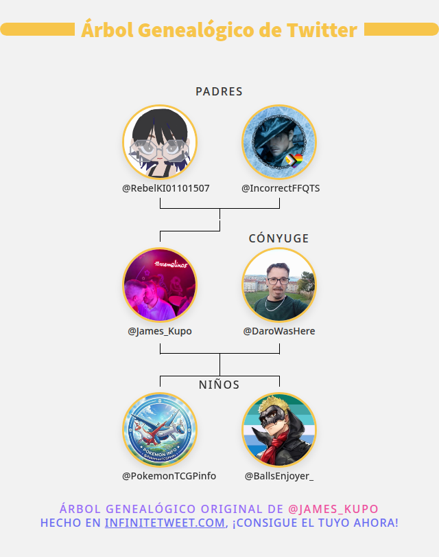 James_Kupo's tweet photo. 👨‍👩‍👧‍👦 Mi Familia de Twitter:
👫 Padres: @RebelKI01101507 @IncorrectFFQTS
👰 Cónyuge: @DaroWasHere
👶 Niños: @PokemonTCGPinfo @BallsEnjoyer_

➡️ https://t.co/vPlDWEaNIp https://t.co/UyFWJ5Oshr