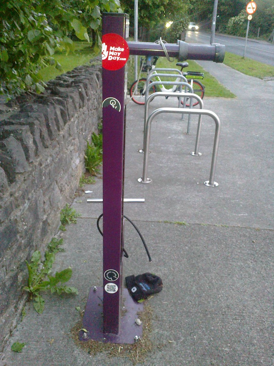 vviireland's tweet photo. It shouldn't need to be a daily obstacle course for the blind & partially sighted navigating around @Fingalcoco #activetravel cycle parking stands & repair stations that can literally take the head off you. #MakeWayDay every day with a differential surface underfoot #MakeWayDay26 https://t.co/mWpM4msENG