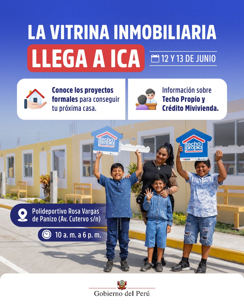 GobiernoPeru_'s tweet photo. 📢Este 12 y 13 de junio puedes conocer el proyecto para conseguir tu propia casa. ☝️🏽Si vives en #Ica, visita la segunda edición de la Vitrina Inmobiliaria y conoce cómo acceder al programa #TechoPropio y #CréditoMivivienda.
¡Te esperamos! 🙌🏽
@viviendaperu https://t.co/RqOIQ9KWpv