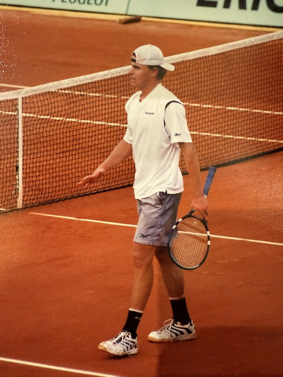 ericperkinslaw's tweet photo. @Served_Podcast How about these classic “crampy” pics from Andy’s gutsy 4-hour 5-set victory over Michael Chang in the second round of the 2001 French Open…worth a Served hat maybe??? Thrilling match. https://t.co/iSNFHAqONT