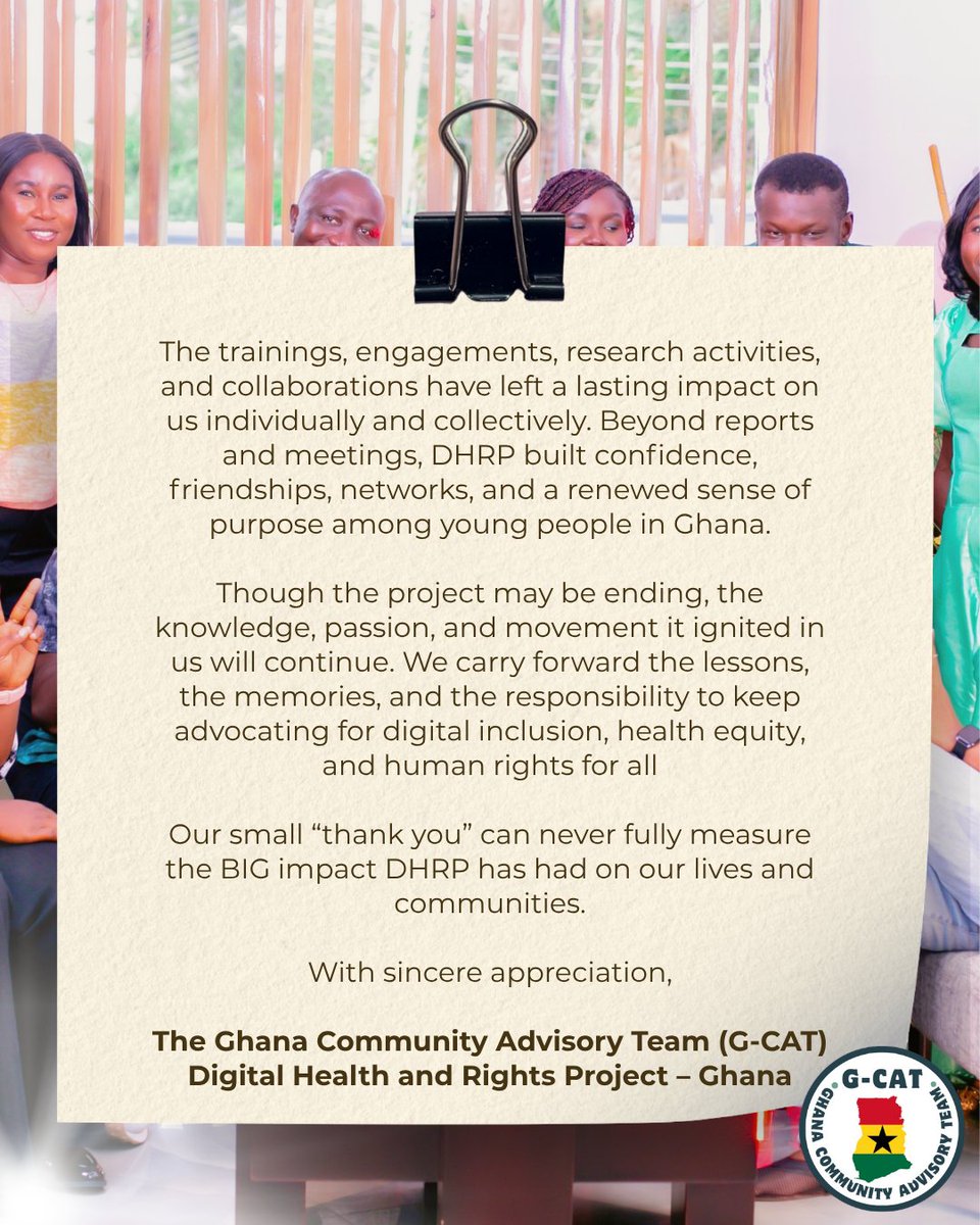 GCAT_dhrp's tweet photo. Small words. Big impact. 🤍
The DHRP Consortium’s contribution to G-CAT’s growth, leadership, and advocacy journey in Ghana 🇬🇭 will remain deeply appreciated and never forgotten.
Thank you for standing with community voices and meaningful change. #GCAT #BigImpact #Advocacy https://t.co/d6hNFDGrjr