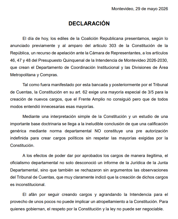 seijas_rafael's tweet photo. En la votación del Presupuesto departamental, el Frente Amplio propuso la creación de nuevos cargos y, pese a nuestro voto en contra, a no tener las mayorías necesarias y a que el Tribunal de Cuentas observó esta situación, resolvió seguir adelante.

Por ese motivo, presentaremos un recurso de apelación ante @DiputadosUY
