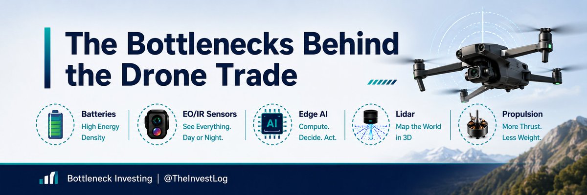 TheInvestLog's tweet photo. High energy density batteries
$AMPX  Watchlist $ENVX

Low-SWaP EO/IR sensors
$TDY
$LHX
$ESLT
$RTX
$MRCY

Edge AI compute + swarm autonomy
$MRCY
$NVDA
$AMD
$MRVL
$AVAV
$KTOS
$RCAT

Lidar / laser 3D perception
$OUST 
$AEVA
$INVZ
$CPTN
$HSAI 

Lightweight propulsion motors
$UMAC
$AVAV
$KTOS
$TXT
$ESLT