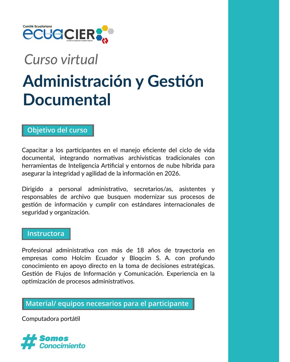EcuacierEc's tweet photo. Presentamos el curso: Administración y Gestión Documental, 📋 diseñado para transformar tu flujo de trabajo con herramientas de última generación.

📩 Inscripciones: secretaria@ecuacier.org.ec

#Capacitación #InteligenciaArtificial #SeguridadInformática
#Productividad #ECUACIER https://t.co/8POCA7BbRf