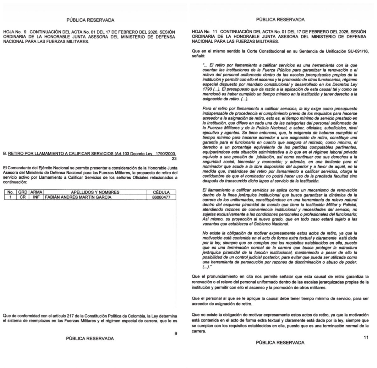 SARGENTOCHALA's tweet photo. La verdad oculta tras el retiro del coronel que investigaba el cartel de tierras en Tolemaida

El retiro del coronel que investigaba el cartel de tierras en Tolemaida no fue un simple llamado a calificar servicios por "disposiciones de la organización piramidal", como lo afirmó el @COL_EJERCITO en un comunicado oficial.

La verdadera decisión de apartar al oficial se tomó en Bogotá, durante una sesión de la Junta Asesora del Ministerio de Defensa Nacional para las Fuerzas Militares. En dicha reunión en la que participaron 63 generales y oficiales de insignia, encabezados por el General Hugo Alejandro López Barreto (Comandante General de las @FuerzasMilCol) y presidida por el propio Ministro de Defensa, Pedro Sanchez, se determinó la salida del coronel Fabián Andrés Martín García, quien se desempeñaba como Jefe de Estado Mayor del CENAI (Centro Nacional de Entrenamiento).

El concepto emitido en el acta para justificar su salida fue el siguiente:

"Perjudicaron de manera grave la rectitud y valores que son base fundamental de los miembros del Ejército Nacional".

Bajo este argumento, la institución pretende señalar que el oficial traicionó los principios más sagrados de la milicia, dejando una mancha severa en la reputación del Ejército. Sin embargo, la realidad de fondo es otra.

El coronel estaba investigando y destapando una "olla podrida": una presunta red de despojo de tierras de la nación, donde varios generales habrían conformado un concierto para delinquir con el fin de construir lujosas mansiones al interior del fuerte militar de Tolemaida, en los municipios de Melgar (Tolima) y Nilo (Cundinamarca). El oficial estaba pisando callos al más alto nivel, lo que generó un profundo malestar en la cúpula.

Ante esto, cabe preguntarse: ¿Acaso traicionar los principios de una institución no es, más bien, guardar silencio ante el despojo de tierras y la corrupción? ¿No es traición ocultar información delicada y ser cómplice de irregularidades para beneficiar a unos pocos?

A continuación, hago pública el ACTA No. 01 del 17 de febrero de 2026 (con notificación del 7 de abril). En el documento, resaltado en rojo, se puede leer el concepto real que motivó la salida del oficial; una versión diametralmente opuesta a la narrativa oficial publicada por el Ejército.

Señor presidente @petrogustavo: aquí se está moviendo una peligrosa mafia de "tierreros" conformada por militares, tanto activos como en retiro, funcionarios del @mindefensa y personal civil, quienes se han adueñado ilegalmente de predios de la nación.