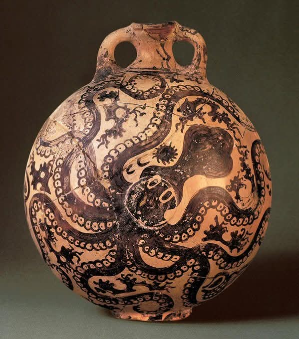 archeohistories's tweet photo. Minoan Octopus Vase (1500 BC) from Palaikastro, Crete - Greece 🇬🇷

This vase, found at Palaikastro, a wealthy site on the far eastern coast of Crete, is the perfect example of elite Minoan ceramic manufacture. It is 27cm high, wheel-made, hand-painted, and meant to hold a valuable liquid, perhaps oil of some kind. Its shape is somewhat unusual, constructed by slipping together, while still leather hard (clay that is not quite dry), two shallow plates which had been made on a fast spinning potter’s wheel and with highly refined clay. The circular bases of these shallow plates are still visible in the center of both sides of the flask.

A spout and stirrup-style handles (which would allow the user to carefully control the flow of the liquid out of the container) were added by hand, as well as a base, to facilitate the standing upright of the vessel.

The octopus is one of the most characteristic motifs of the “marine style”, which was invented by the Minoans and was adopted by the Mycenaeans. After the Mycenaean dominance, the design of the octopus was stylized and simplified , like all Minoan motifs. It is very possible that the “marine style” (depictions of life in the sea) was an expression of worship to the sea, which offered protection (navy),wealth (commerce) and food (fish).

The Octopus Flask is an example of Minoan New Palace Period pottery. Made to celebrate the sea, this Kamares Ware jug is covered in decoration of marine life. The jug is round with a small opening at the top and has two small, round handles on either side of the neck. The main figure is an octopus whose tentacles span over the rounded surface of the vase. There is not much attention to realism in this representation, and the figure is almost cartoon-like. The most unrealistic features are the figure’s bulging, round eyes and inclusion of all of its suckers, which would not be visible on all tentacles in a realistic perspective; However, these round motif features mimic the shape of the vase as well as the round handles at the neck. The overall appearance of the octopus is fluid and dynamic as it wraps around the surface.

The space around the main figures is filled with other sea objects - coral, seaweed, and shells. These objects are usually placed without much interest in composition or symmetry. While there is not a specific narrative, it is clear that the overall meaning is a representation of a love for the sea.This subject matter on vases is called of “Marine Style” pottery.The marine style is shown in the design of the subject as well as the overall structure of the jug.

The round body of jug represents head of an octopus, and two rounded handles are a simplified version of tentacles. This is what art historians call “Anthropomorphic”, meaning the object itself is a representation of the subject. Here, the handles are made to represent the subject of the octopus. This is important because, when used, this style gives historians insight into what the culture valued. In this case, as shown with the abundance of marine subjects in other media, it is evident that the Minoan culture valued marine life. This also supports evidence that the Minoan economy depended on the sea.

Over time, paint has become muted, but it is clear that there is a shift in style of Minoan pottery and ceramics. In Old Palace style, pottery showed light figures on a dark background, for most part. Here, dark figures are shown on a light background. This shift would be important in Greek pottery, and this dark on light technique would be the norm for Greek pottery until about 530 BC. Effect of this style is a greater attention to detail, like suckers on the octopus, which would be less prominent on a dark background. Across various ancient cultures, artists portrayed what they saw in everyday life and what was important to them, and this is very much true for Minoan art and pottery.

Archaeological Museum of Heraklion, Crete

📷 : Credit to the Owner

#archaeohistories
