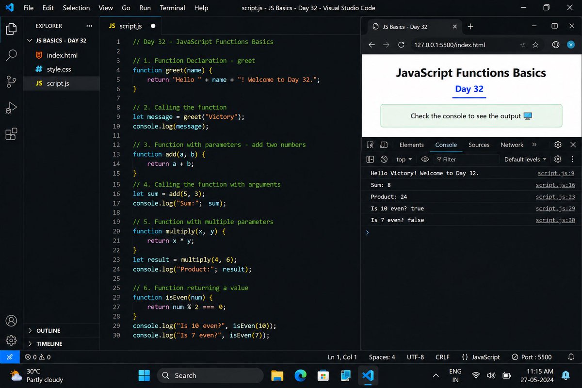 victory_dev's tweet photo. Day 32 🚀

Learned JavaScript Functions today 💻

Practiced:
• Functions
• Parameters
• Arguments
• return keyword

#javascript #100DaysOfCode https://t.co/KZMZfBma7Q