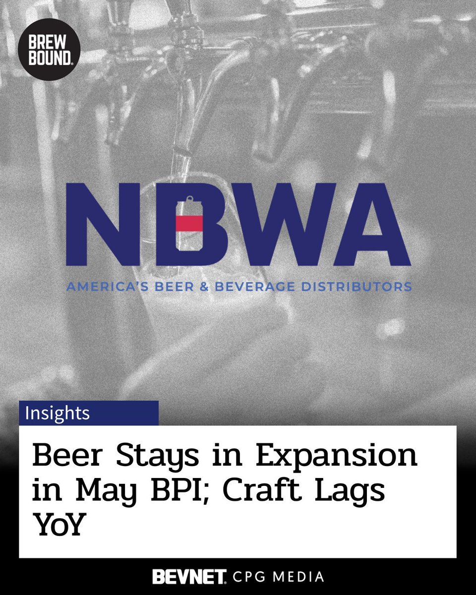 Brewbound's tweet photo. 📊 Beer remained in expansion in May, with a Beer Purchasers’ Index of 52, marking the second straight month ≥50. Imports led segments in growth, while craft lagged and was the only segment down YoY. At-risk inventory hit its lowest mark since 2021. 🍺  
https://t.co/YJzMqv4J6U https://t.co/1K5s1ynetK