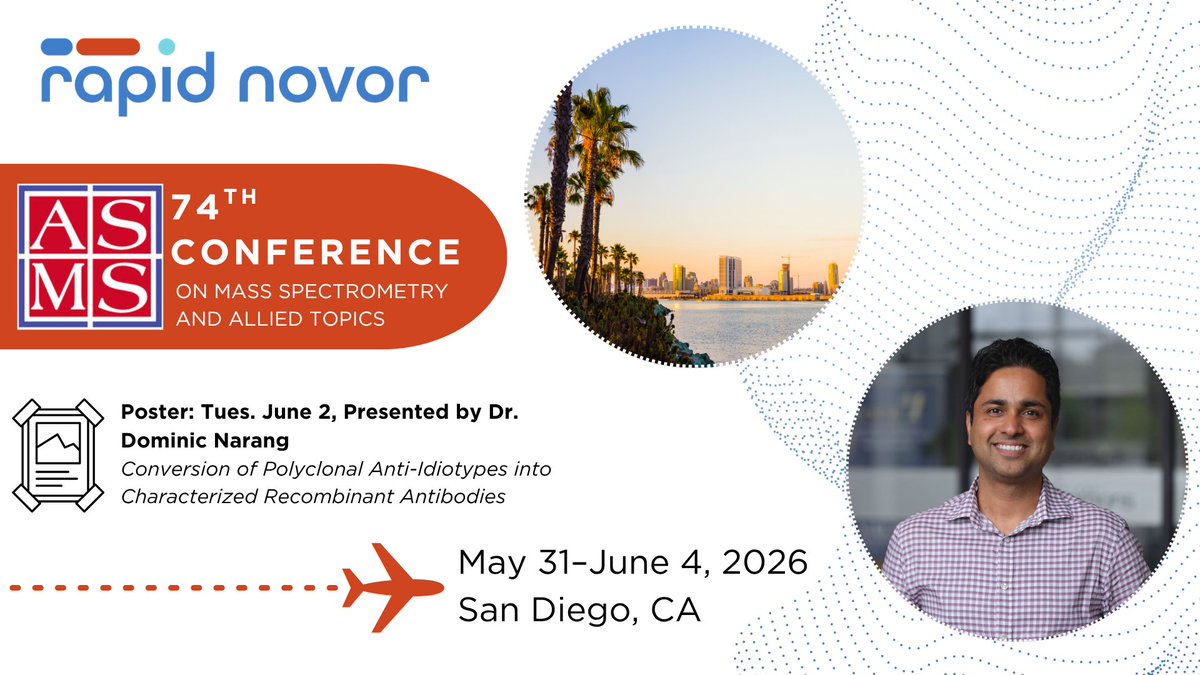 rapidnovor's tweet photo. Heading to ASMS 2026? Check out our poster with the latest HDX-MS data for our anti-idiotype antibody discovery workflow!

📌 Poster presented by Dominic Narang
📅 June 2, 2026
🧪Antibodies &amp; Antibody Drug Conjugates I

#ASMS2026 #ASMS #MassSpec #HDXMS  #Biologics https://t.co/a3smtksLIl