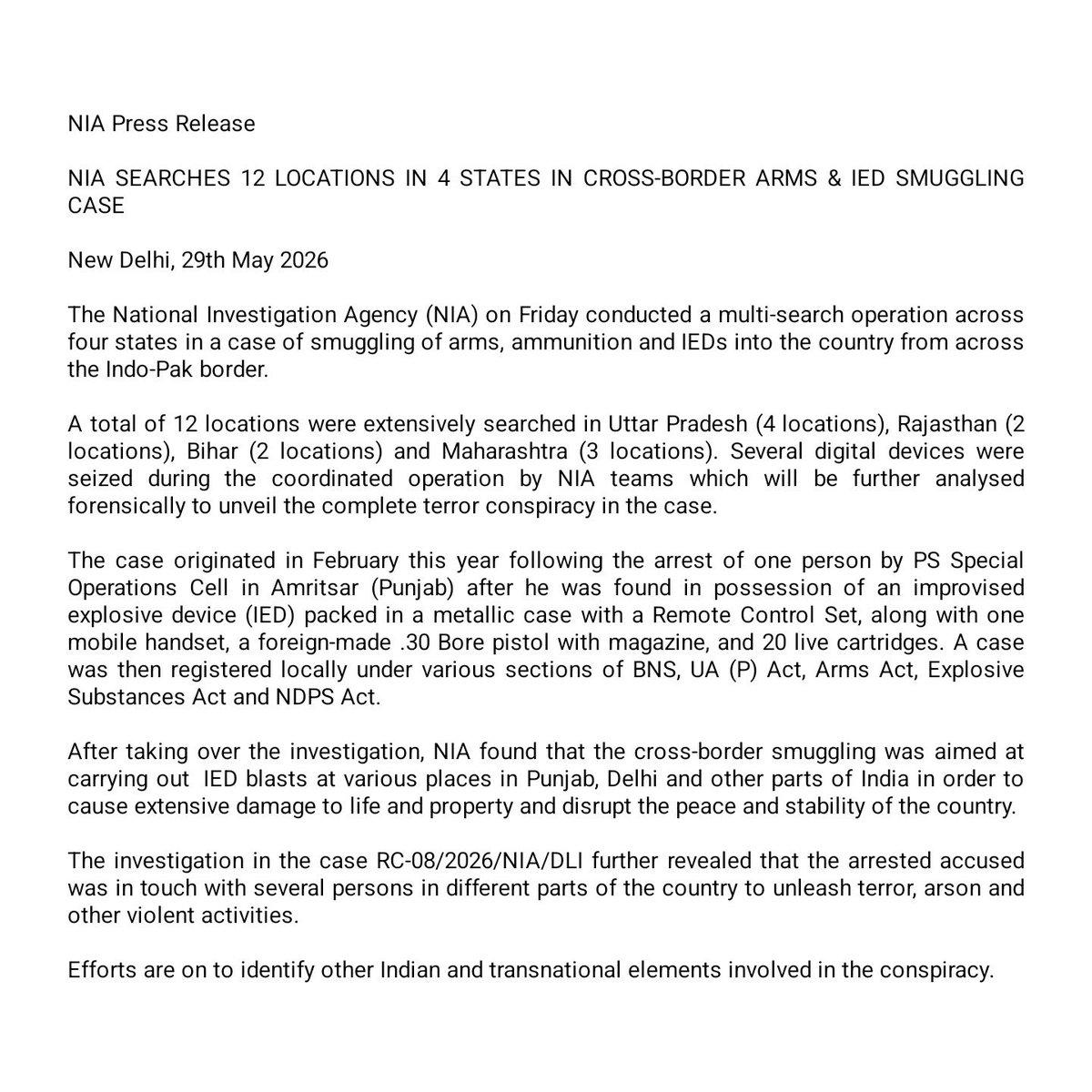 NIA_India's tweet photo. Coordinated search operation was carried out today across 12 locations in 4 states in a case of cross-border smuggling of arms, ammunition &amp; IED into India via drones. Several digital devices were seized &amp; probe is on to identify various Indians &amp; others involved in case. https://t.co/j2fJpxozi2