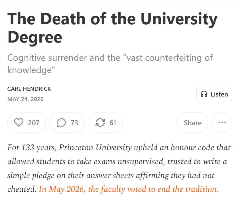 Substack's tweet photo. "The pattern is unambiguous: students are using AI to generate answers, platforms are recording completion, and durable knowledge is evaporating." Carl Hendrick @C_Hendrick on the illusion of mastery in the classroom https://t.co/m6qk1DVVZC