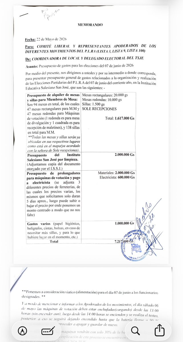 DionisioAmarill's tweet photo. Denuncio por este medio que el saliente Fleitas está queriendo que los
Movimientos nos hagamos cargo de un gasto en promedio de 6.000.000 de guaraníes por colegio en supuesta limpieza de  colegios , prolongadores , mesas y sillas y toldos .
Si el TSJE pone las máquinas mínimo debe ir con sus prolongadores y si es una elección prevista en una ley es una carga pública para el establecimiento donde dispuso el TEI se haga las elecciones.
Ministros del @TSJE_Py  urgente deben aclarar porque 1.500.000.000 ( Guaraníes mil quinientos millones ) están pidiendo funcionarios del TSJE asignados como coordinadores los que pasan estos presupuestos 
A modo ejemplificativo pero no limitativo va una muestra 
Cuesta más que el apoyo que un movimiento le da a su candidato distrital estos supuestos gastos