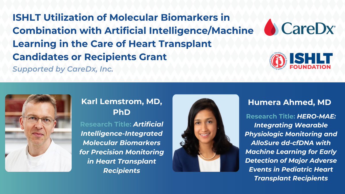 ISHLT's tweet photo. #ISHLT recently awarded the ISHLT Utilization of Molecular Biomarkers in Combination with Artificial Intelligence/Machine Learning in the Care of Heart Transplant Candidates or Recipients Grant, supported by @CareDx, to Karl Lemstrom, MD, PhD, of @helsinkiuni & Humera Ahmed, MD, of @ChildrensPhila. 🎉🫀

Learn more about their work at 🔗 https://t.co/cHlG5OlyWG #ISHLTResearchGrant #MolecularBiomarkers #AI #HeartTx #ISHLTFoundation