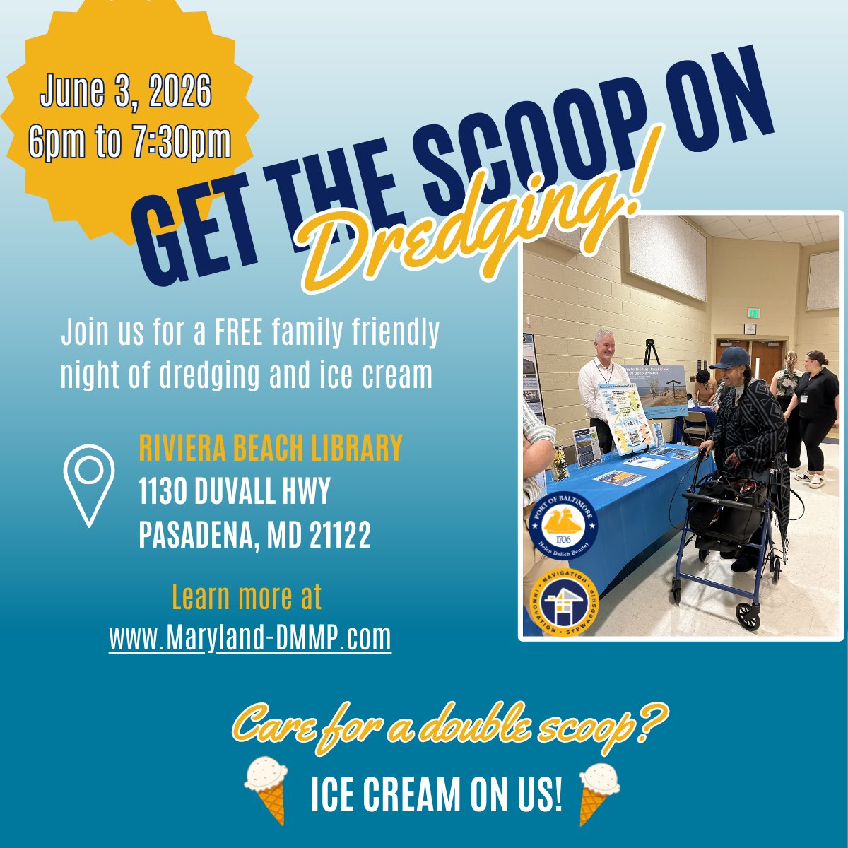 portofbalt's tweet photo. Next week, join us next Wednesday at 6 PM in Pasadena for Get the Scoop on Dredging 🌊 

Learn how MD manages dredged material from PoB’s shipping channels, hear from local experts, explore 45+ years of dredging efforts &amp; enjoy a free scoop of ice cream while you learn! 🍦 https://t.co/WHMLGqOJxJ