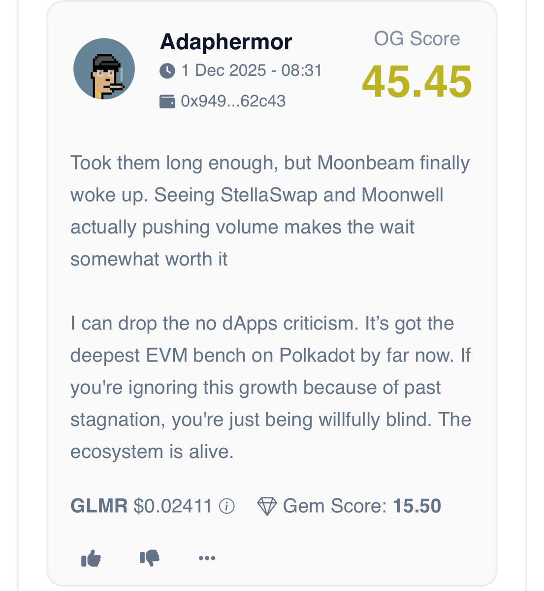 OGAudit's tweet photo. Spotlighting our expert reviews on: @MoonbeamNetwork

Our OG expert reviewers note that Moonbeam $GLMR is showing renewed ecosystem activity with DeFi protocols like StellaSwap and Moonwell driving real onchain usage and validating its EVM compatibility thesis on Polkadot but despite improved developer traction, long term price performance remains weak due to earlier stagnation, heavy competition from newer L2 ecosystems and historically limited user demand.

Can Moonbeam convert this recent ecosystem revival into sustained organic demand or is it just a temporary burst after years of inactivity?

More on the OG audit review and the project info here: ogaudit(.)com/crypto/moonbeam-glmr
https://t.co/AXecOdi6OB