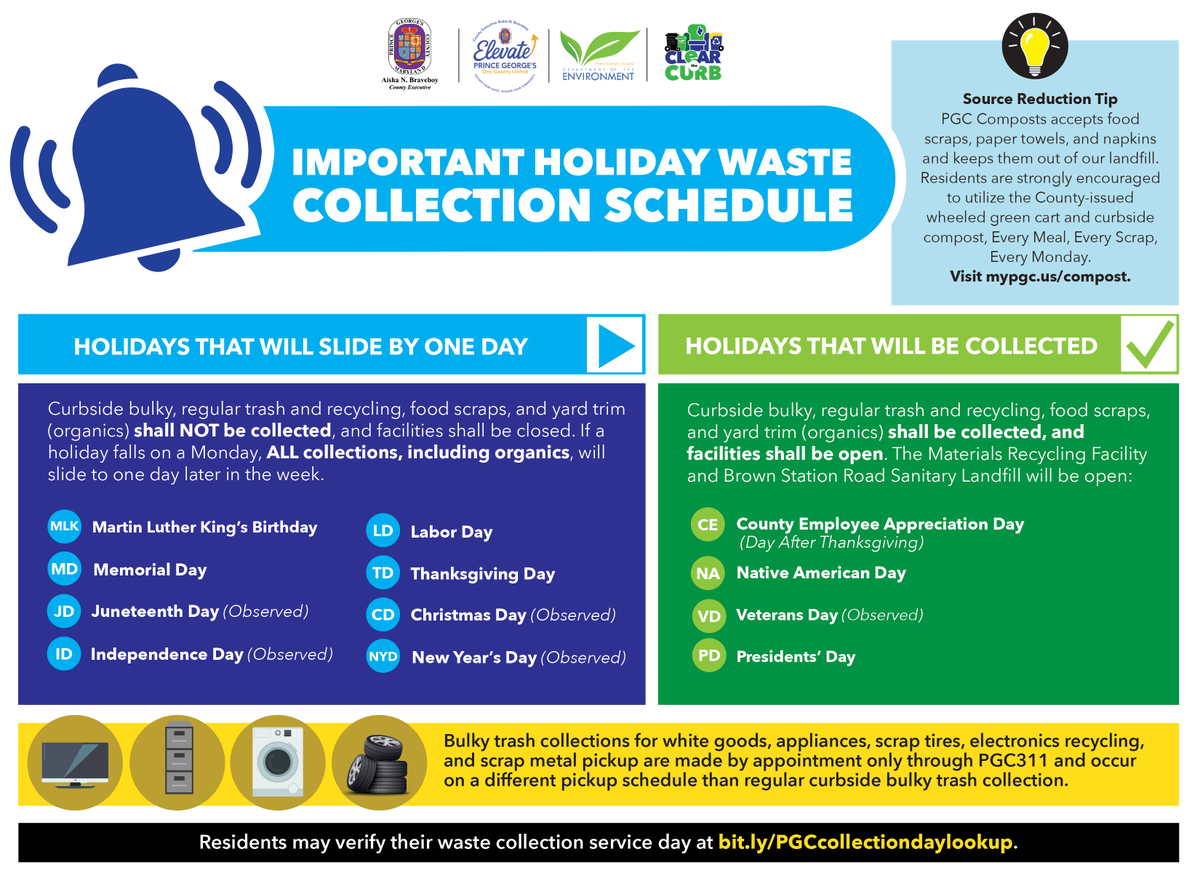 PGCSprout's tweet photo. 🚛⏩ Reminder: Due to the #MemorialDay holiday, ALL County curbside collections will slide by 1 day this week (May 25–30, 2026).

🚨 Set materials out on your adjusted day!

🔎 https://t.co/l1QhL6JMA5

🌐 https://t.co/n02dEpqcFC https://t.co/8zQEHxSjNF