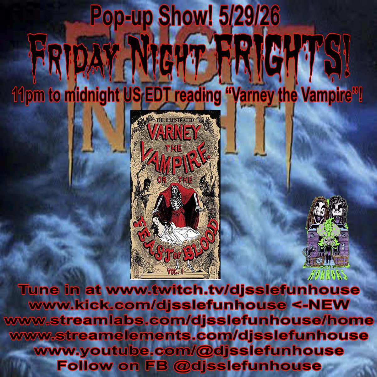 djkidgorgeouspe's tweet photo. May's going out with a bang! Got a packed weekend starting tonight at 7pm (US Edt) on WDJK with Friday Night Videos - 4 hours of tunes with visuals. Then at 11pm it's over to DJ's SLE Funhouse for Friday Night Frights with another chapter of "Varney the Vampire."
1/3 https://t.co/PeQBO2LwII