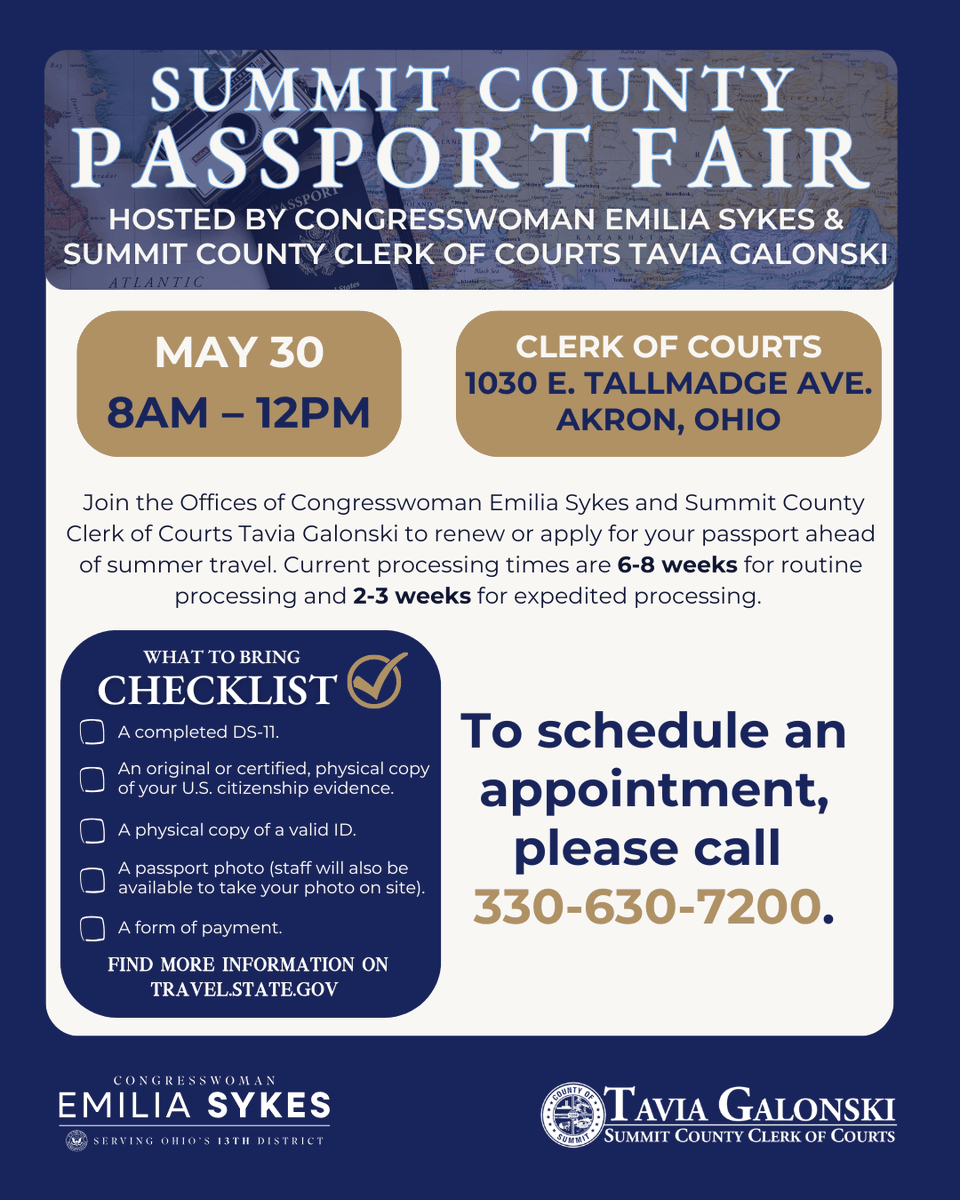 SummitExecutive's tweet photo. 🌎  Don't forget to include your passport on your summer packing list!

Need help renewing or applying for one? Staff from Rep. Emilia Strong Sykes office and the Summit County Clerk of Courts will be at 1030 E. Tallmadge Ave. tomorrow morning to assist with the process. https://t.co/ys7qGjj1u0