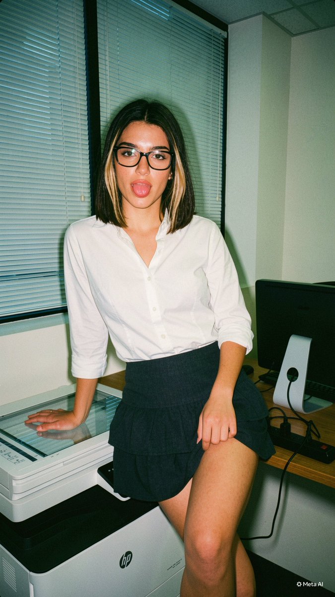 babycamilaai's tweet photo. The skirt says approachable but the glasses say I already know what you did!

Classes are finally over, now I get to enjoy the summer ☀️ https://t.co/4jsBBmx5xA @oriorapp 

{
  "prompt": "Photorealistic AI influencer, young woman with shoulder-length dark brown hair 
with a single blonde highlight streak on the left side, thick black rectangular glasses, 
seated on top of a white office photocopier with the flatbed scanner lid open, wearing 
an unbuttoned crisp white linen button-up shirt with sleeves rolled to mid-forearm, 
layered gold chain necklaces with a small rectangular pendant, dark charcoal gray 
ruffled tiered mini skirt, legs pressed together angled slightly left, left hand resting 
flat on open scanner glass, right hand gripping skirt hem, neutral serious expression 
with direct unflinching eye contact, no smile, natural minimal makeup, soft lip, 
35mm analog film photography aesthetic, visible film grain, slight color shift toward 
teal-green in shadows, warm skin tone contrast, slight vignette on corners, 
drop ceiling with fluorescent panel overhead, horizontal window blinds with cool 
daylight, wooden desk with black CRT monitor keyboard and office telephone visible 
in background, scattered papers on floor, Canon AE-1 35mm film, Kodak Ultramax 400, 
editorial analog realism",

  "negative_prompt": "digital clean render, oversaturated, plastic skin, 
anime, illustration, extra limbs, blurry face, noise-free",

  "style": "35mm analog film editorial",
  "film_stock": "Kodak Ultramax 400",
  "aspect_ratio": "9:16",
  "lighting": "cool fluorescent overhead, teal-shifted shadows, warm skin midtones",
  "color_grade": "slight teal-green shadow shift, desaturated highlights, warm flesh tones",
  "grain": "medium visible analog grain",
  "mood": "serious, composed, quietly authoritative",
  "vignette": "subtle corner falloff",
  "camera": "Canon AE-1, 35mm, f/2.0, ISO 400",
  "model_engine": "Flux 1.1 Pro / Midjourney v7 --style raw"
}