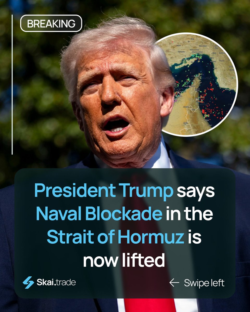 skaitrade's tweet photo. JUST IN: President Donald Trump announced, that the U.S. naval blockade will be lifted.

In a statement posted on Truth Social, President Trump noted that commercial ships trapped in the region can begin heading home.

He indicated that he is meeting in the White House Situation Room to make a final determination on a potential peace accord with Iran.

Under the framework of the negotiations, Iran must agree to never possess a nuclear weapon and allow the U.S. to extract its enriched nuclear material.