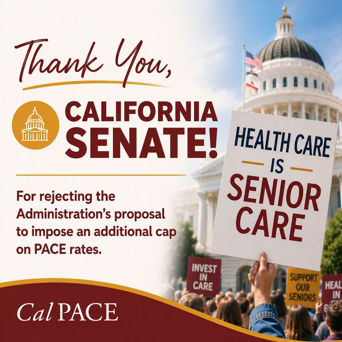 CalPACE_org's tweet photo. Thank you, California Senate. By rejecting the proposed additional cap on PACE rates, the Senate helped protect access to coordinated, community-based care for older adults across California. #CalPACE #PACE #SeniorCare #CAPolicy https://t.co/ZutvXmMUgg
