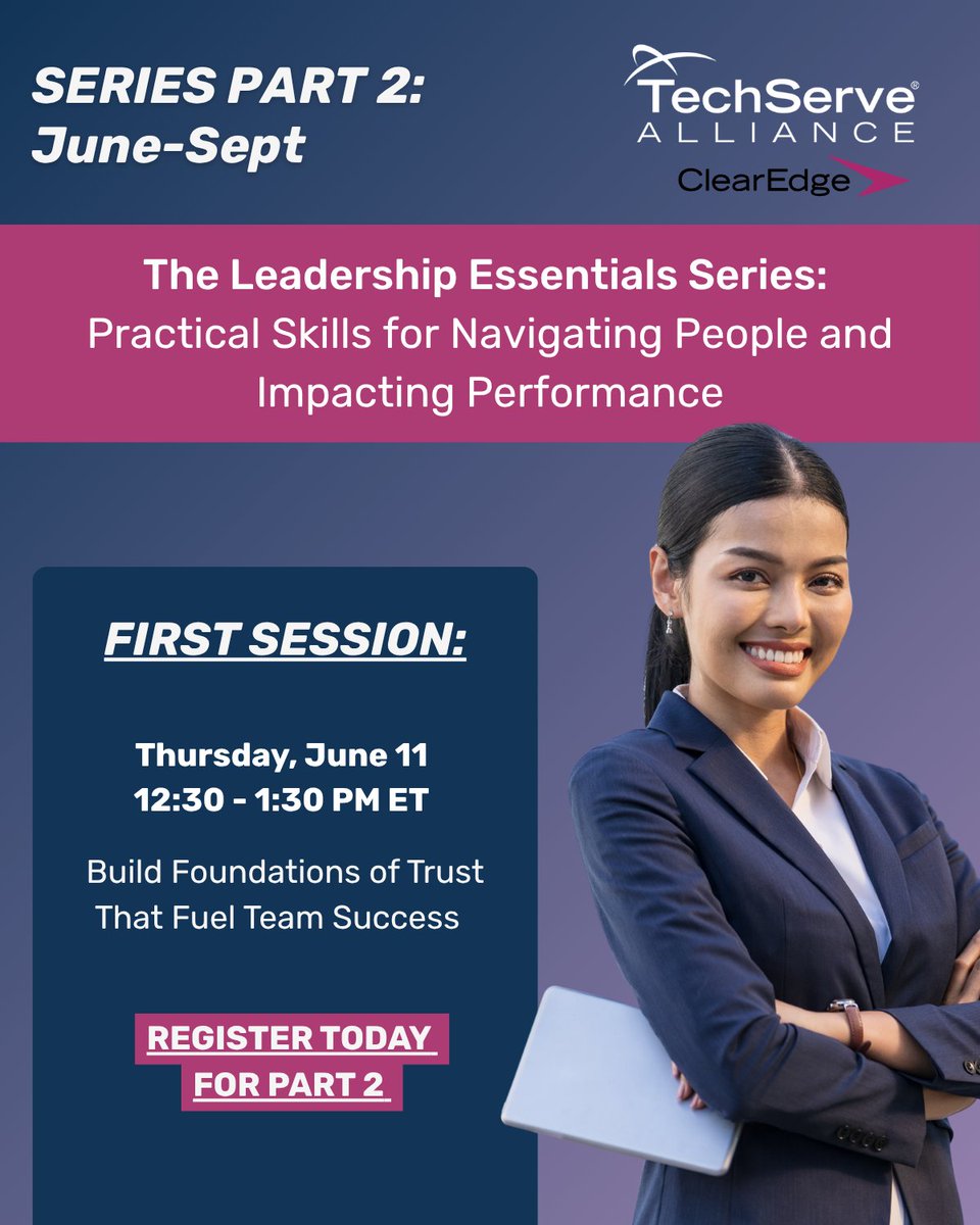 TechServe_Assoc's tweet photo. The Leadership Essentials Series Part 2 continues with tools &amp; strategies leaders can apply to strengthen communication, accountability, and team success.

Build Foundations of Trust That Fuel Team Success
June 11 - 12:30-1:30 PM ET

Register today: https://t.co/dzbdFDV9kR https://t.co/Bt5eOH5UjQ