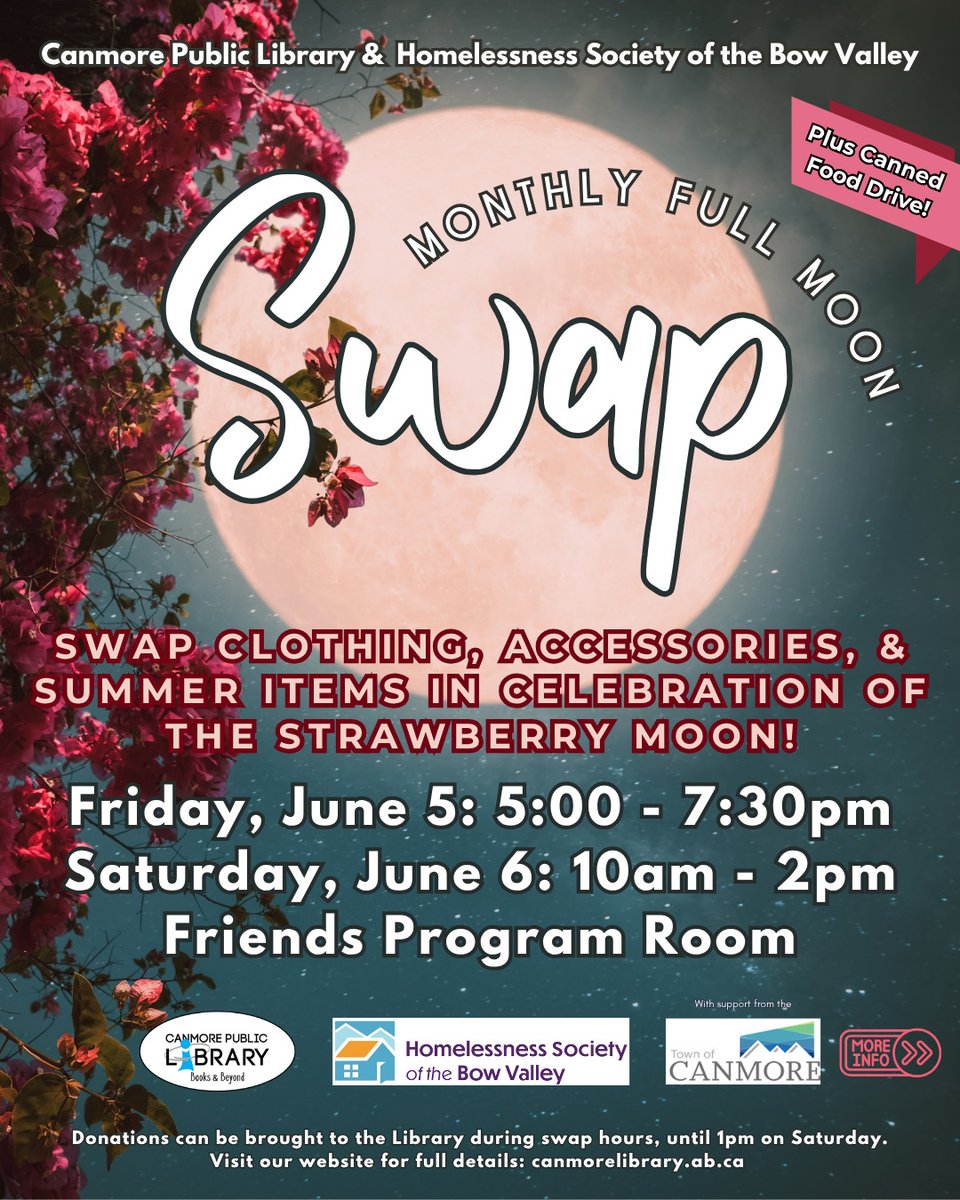 CanmoreLibrary's tweet photo. ONE WEEK until the next Full Moon Swap! 🍓🌕
Celebrate the Strawberry Moon with a summer-themed community swap at the Canmore Public Library!

📅 June 5 | 5:00–7:30 PM
📅 June 6 | 10:00 AM–2:00 PM
📍 Friends Program Room

#CanmorePublicLibrary https://t.co/2HNdRH0gKa