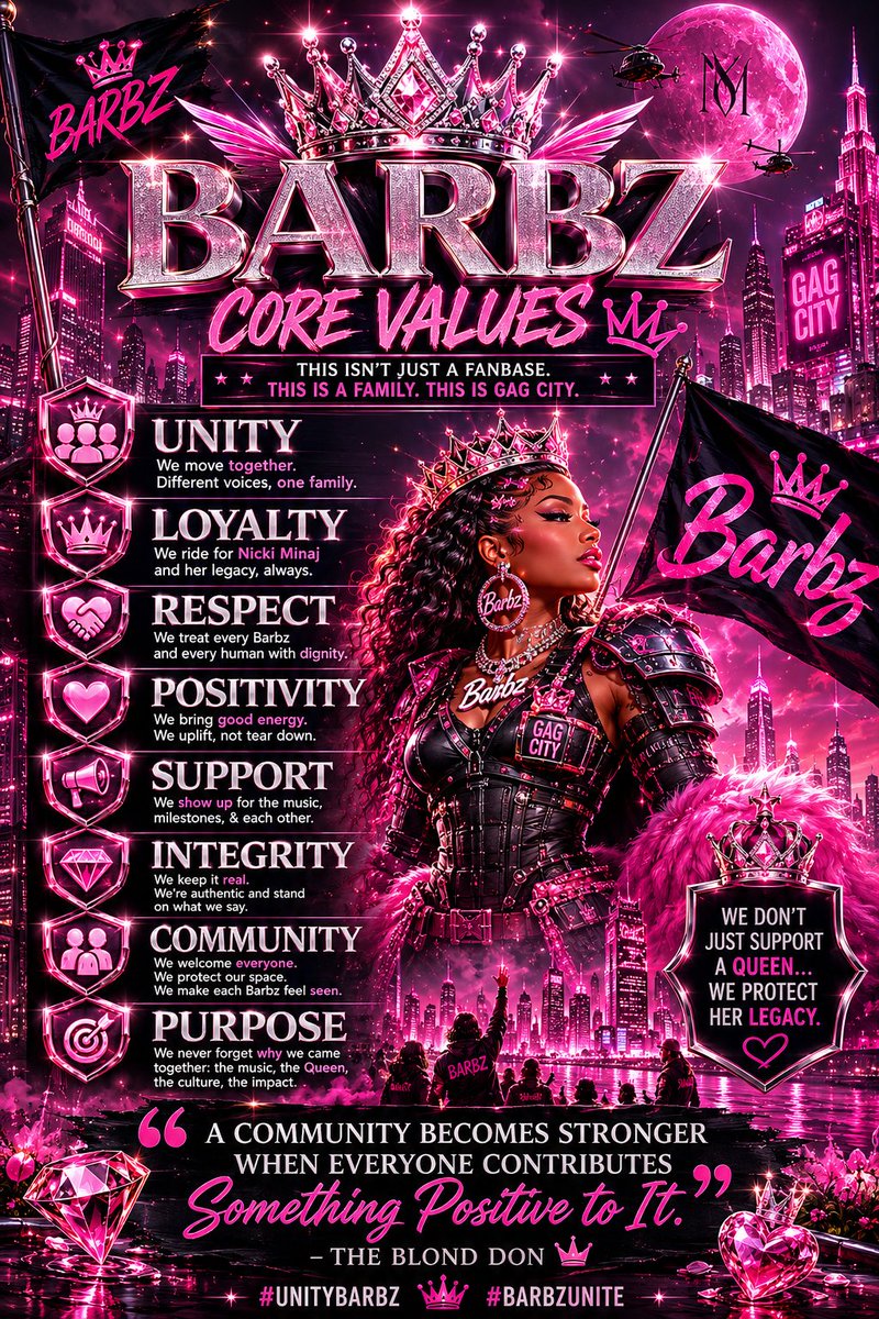 UnityBarbz's tweet photo. We often talk about unity, but unity starts with how we choose to show up.

These aren’t rules. They’re simply values that inspire us:

💗 Unity
💗 Loyalty
💗 Respect
💗 Positivity
💗 Support
💗 Integrity
💗 Community
💗 Purpose

Everyone brings something to a community. We hope to bring good energy, support for Nicki, and a space where people feel welcome.

Lead with what you want to see more of, and the rest will follow. 🦄

#UnityBarbz #BarbzUnite