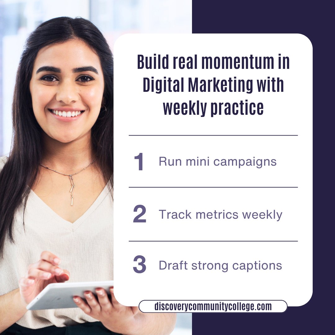 DiscCommCollege's tweet photo. Consistency can help build stronger marketing skills over time 📊 Practicing campaigns and reviewing results weekly can support steady improvement. 🔗 https://t.co/Akk3WaozSz #DigitalSkills https://t.co/eeUq1xUKB3