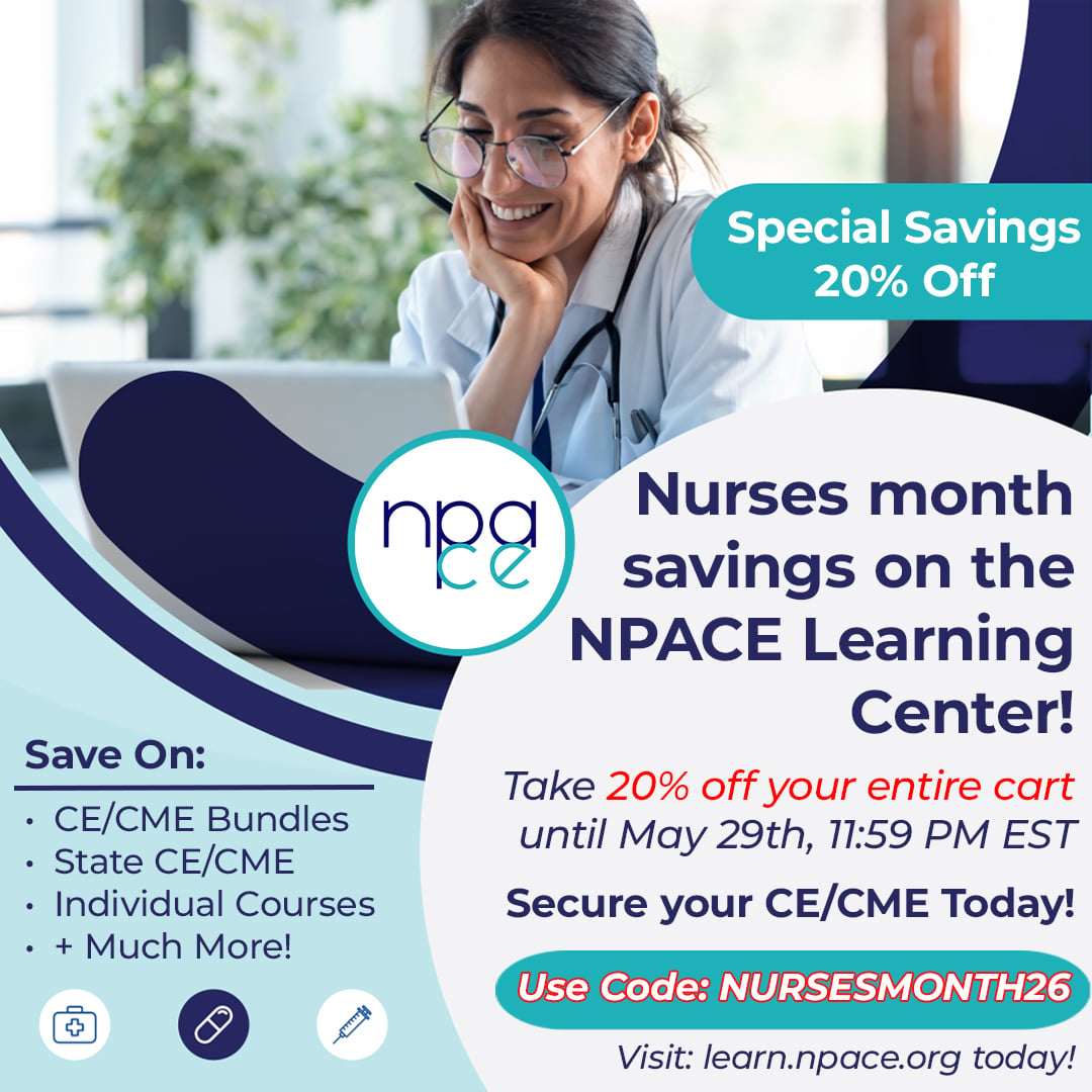 NPACE_org's tweet photo. Last Day to save on CE/CME on the NPACE Learning Center!
Take 20% off your entire cart &amp; save on key CE/CME in Primary Care, Pharmacology, Acute Care, &amp; more!
Sale ends today at 11:59 PM EST. 
Use Code: NURSESMONTH26
*NONPF products not included*
https://t.co/4TDabedtKx https://t.co/NSbK8HVdii
