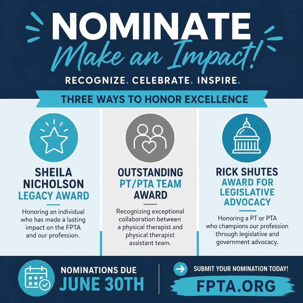 FPTASSOC's tweet photo. 🌟Recognition matters. Leadership matters. Advocacy matters.
The FPTA 🏆Awards &amp; Honors program is your opportunity to celebrate the individuals and teams who continue to strengthen and advance the physical therapy profession across Florida. 
#FPTA #PhysicalTherapy #PTA https://t.co/9hIBghWh4R