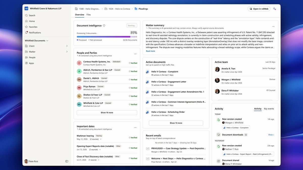 netdocuments's tweet photo. Already in private preview with customers, @netdocuments has introduced the industry's first legal context graph in a reimagined user experience that connects all your matters, projects, documents, and communications in real time.

CEO Josh Baxter, CPO Dan Hauck, and Director Nathaniel Ruiz share more in this video. Watch to see how context changes everything:
👉 https://t.co/ylqlksBtJL