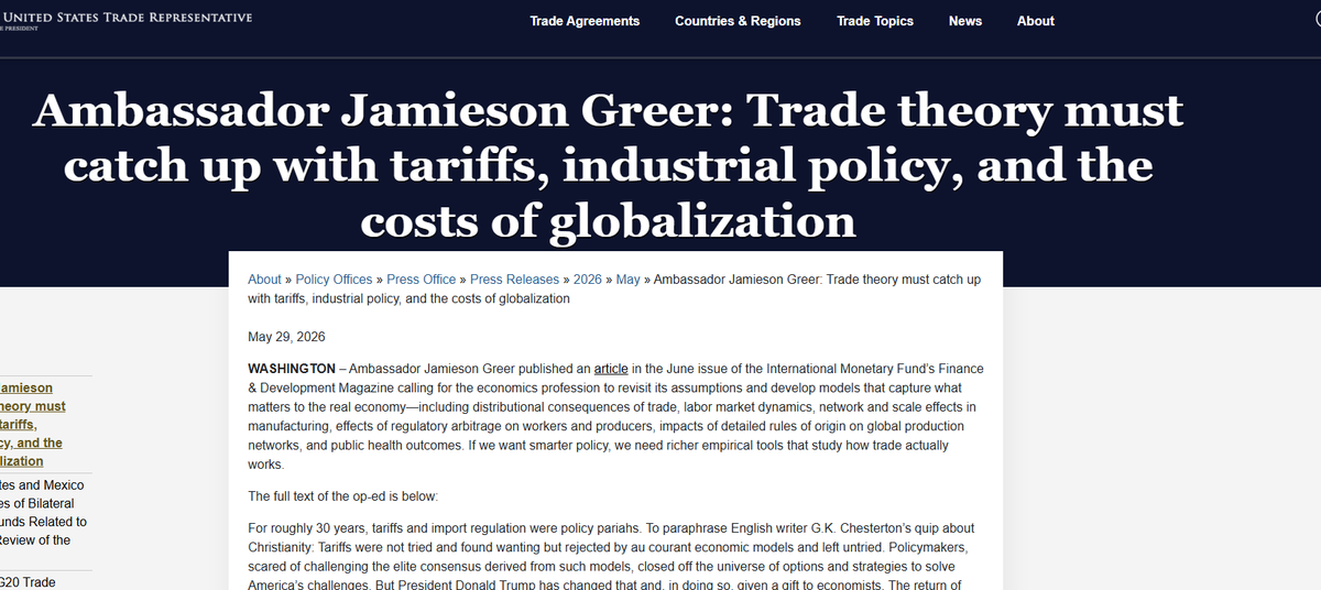 FreeTradeBryan's tweet photo. This op-ed from USTR Jamieson Greer is entirely backwards. U.S. trade policy must catch up to trade theory! 🧵 https://t.co/DGFu6gXCdm