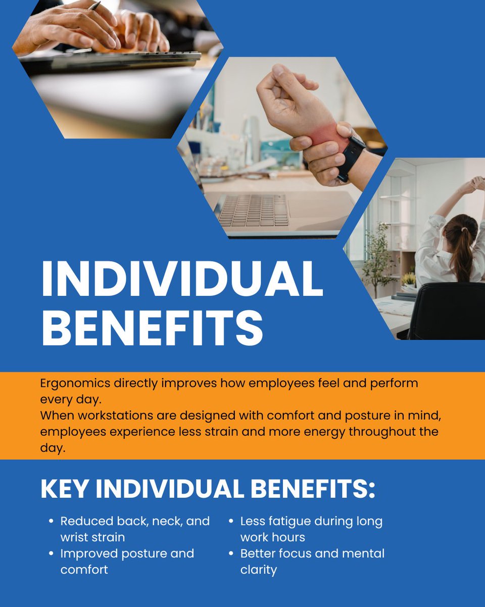 CorovanMoves's tweet photo. Ergonomics is about comfort and performance. Better posture, smarter workspace design, and proper equipment lead to healthier employees, fewer injuries, and higher productivity. #WorkplaceWellness #Ergonomics #EmployeeHealth #Corovan https://t.co/rSLPt0nVWk