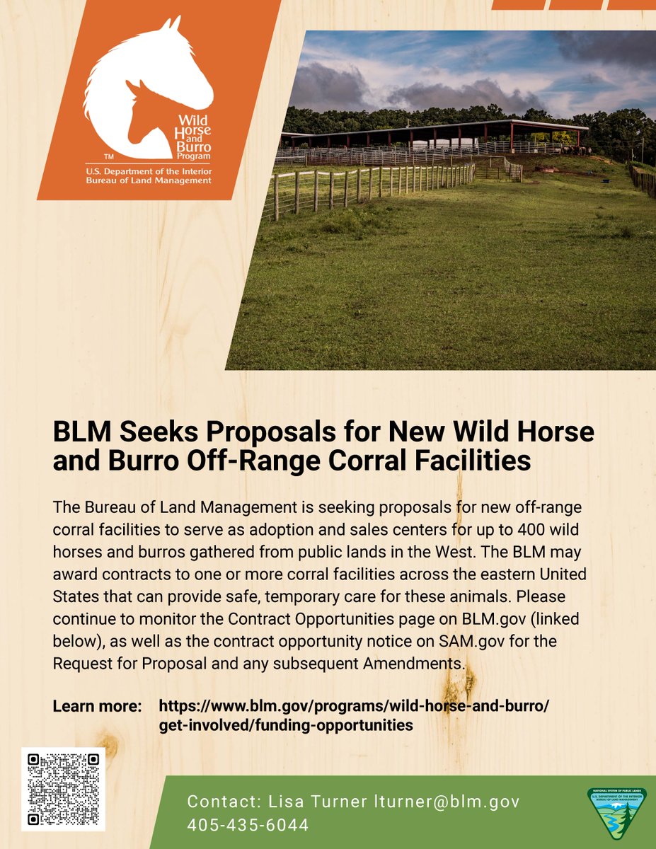 BLM_ES's tweet photo. 📣 BLM Eastern States seeks proposals for new Wild Horse &amp; Burro Off-Range Corrals in the East! 🐎🐴 Help care for America’s living legends and expand adoption opportunities. 

Learn more &amp; submit your proposal: https://t.co/AMLeUHxvfb 
Full details: https://t.co/c3Nv59pJ7o https://t.co/BoNAZlSwHG