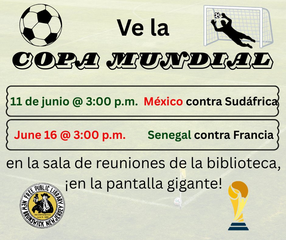 NBFPLNJ's tweet photo. Come celebrate World Cup fever at the NBFPL by viewing some of the group play games on the big screen! All ages are welcome. No registration needed. Snacks will be provided; see more at https://t.co/f5UYVES2X5. https://t.co/drFmlpW3uW