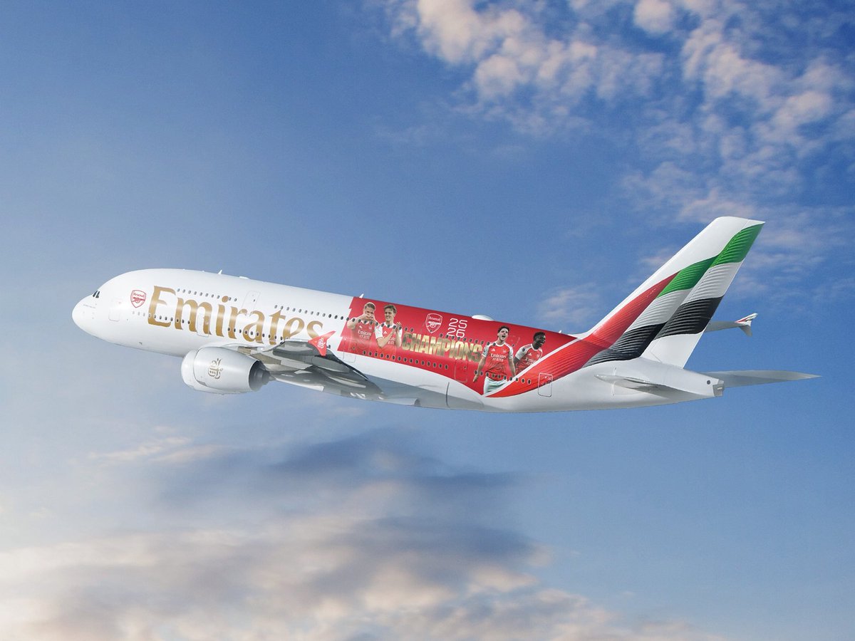 tvcnewsng's tweet photo. PHOTOS: Emirates Wraps Airplane in Arsenal Colours to Celebrate Premier League Victory

Emirates has unveiled a special airplane wrapped in Arsenal colours to celebrate the club’s Premier League triumph.

Credit: X | @emirates https://t.co/nOdm8dbmwP
