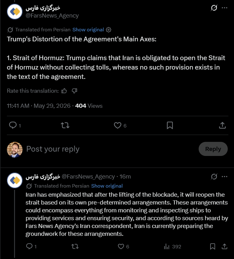 Rory_Johnston's tweet photo. Iran's Fars News pushing back on Trump's post (again).

Strait of Hormuz pushback screenshot below.

Beyond that, Fars also saying that Trump's claim about "no money" is wrong: "According to the agreement text, [$12bn in frozen funds] must be paid immediately, and until this payment is made, Iran will not enter any subsequent negotiation stage."

And Fars claims absolutely no mention of nuclear material (re: Trump's claim that Iran agreed to destroy)

Some pretty big conflicting details here.