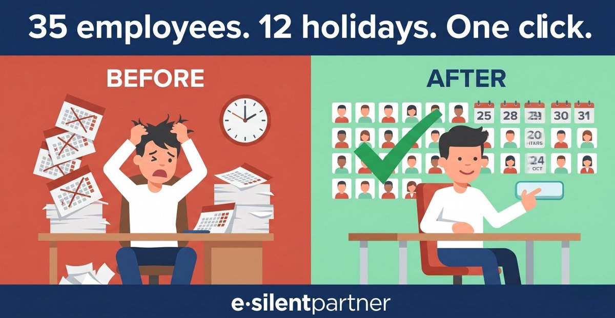 eSilentPARTNER's tweet photo. 35 employees × 12 holidays = hours of manual entry.

Or one click.

e·silentpartner’s batch holiday creation auto‑generates all time entries, updates calendars, and blocks availability. HR ops that take seconds, not mornings.

See how 👇 
https://t.co/Y3Lw1Z5mvB https://t.co/BaJo3YHfkB