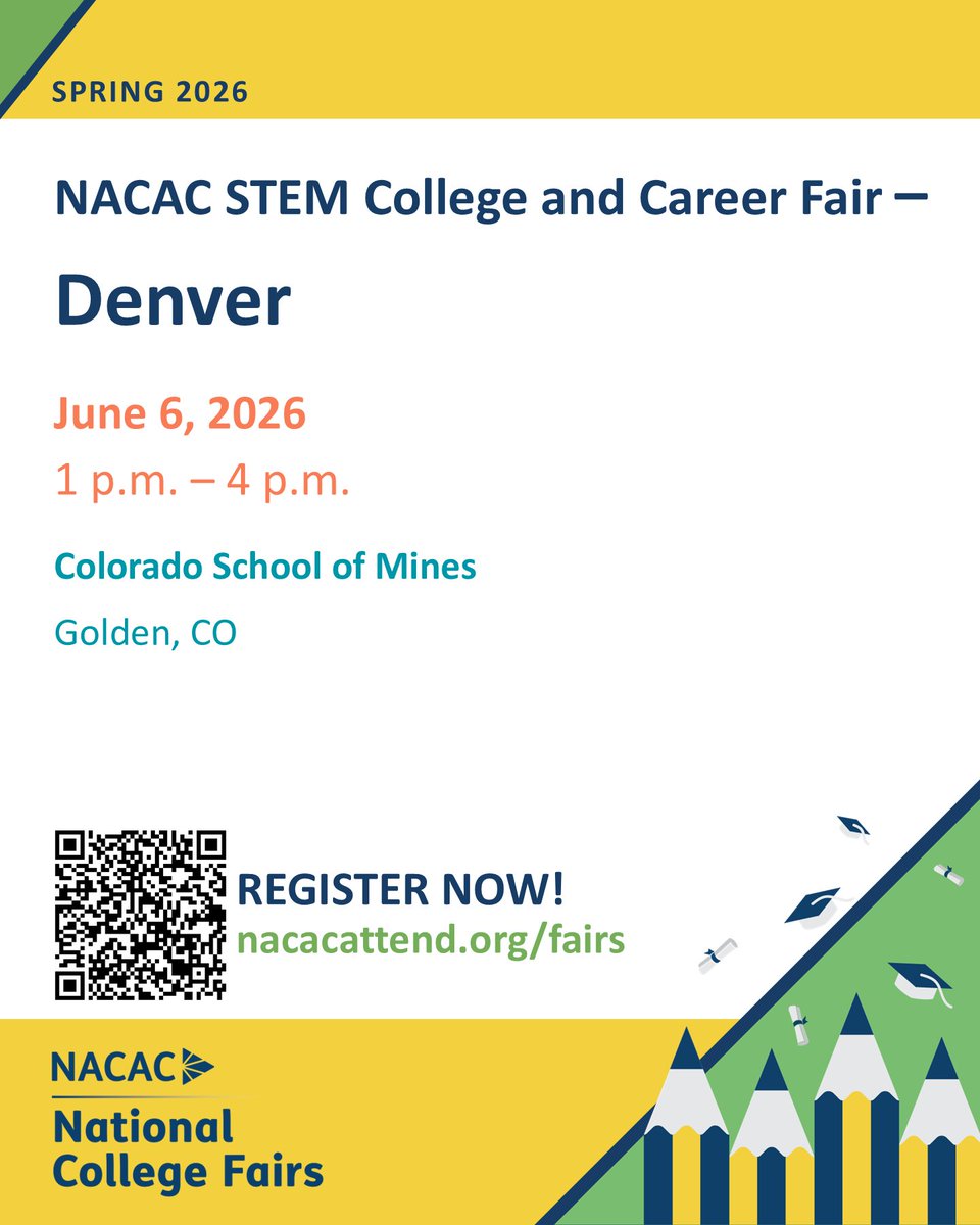 NACACFairs's tweet photo. Denver #STEM College and Career Fair: Join us on Saturday, June 6 from 1-4 p.m. at the Colorado School of Mines. #NACAC National College Fairs are free and open to the public.
Attendee registration: https://t.co/qKC2oQGHV6 
Exhibitor information: https://t.co/B9ykkYRj0A https://t.co/PWu8GLY04x