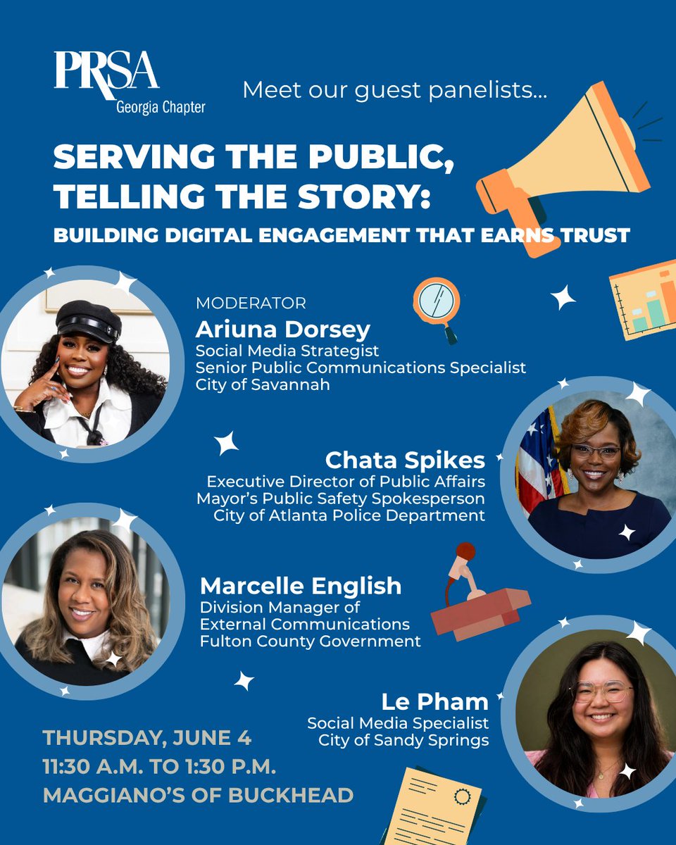 prsageorgia's tweet photo. Join us for our June 4 event “Serving the Public, Telling the Story: Building Digital Engagement that Earns Trust." Led by comms leaders from:
▪️ City of Savannah
▪️ City of Atlanta PD
▪️ Fulton County Government
▪️ City of Sandy Springs
RSVP: https://t.co/JUFoKq6E8i https://t.co/2OTOTHtp0m